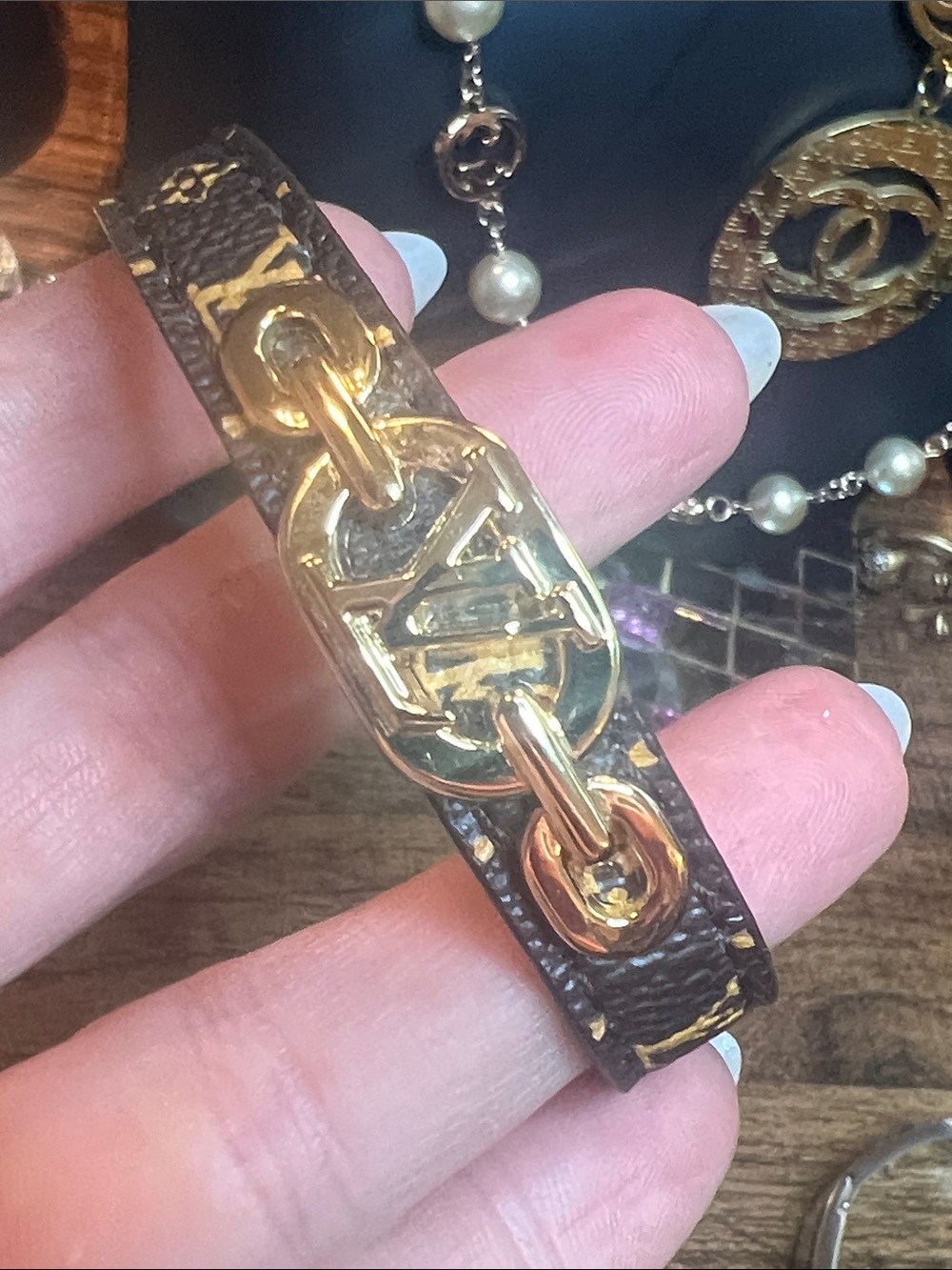 Gold-Tone and Brown Vegan Bracelet with Monogram Accent